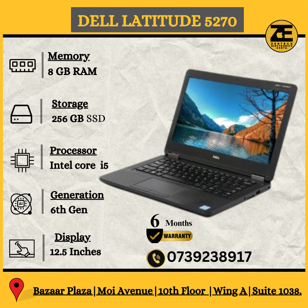 Dell Latitude 5270 laptop with a black keyboard and a display showing a nature wallpaper. The laptop is on a flat surface, likely a desk, in an indoor setting.